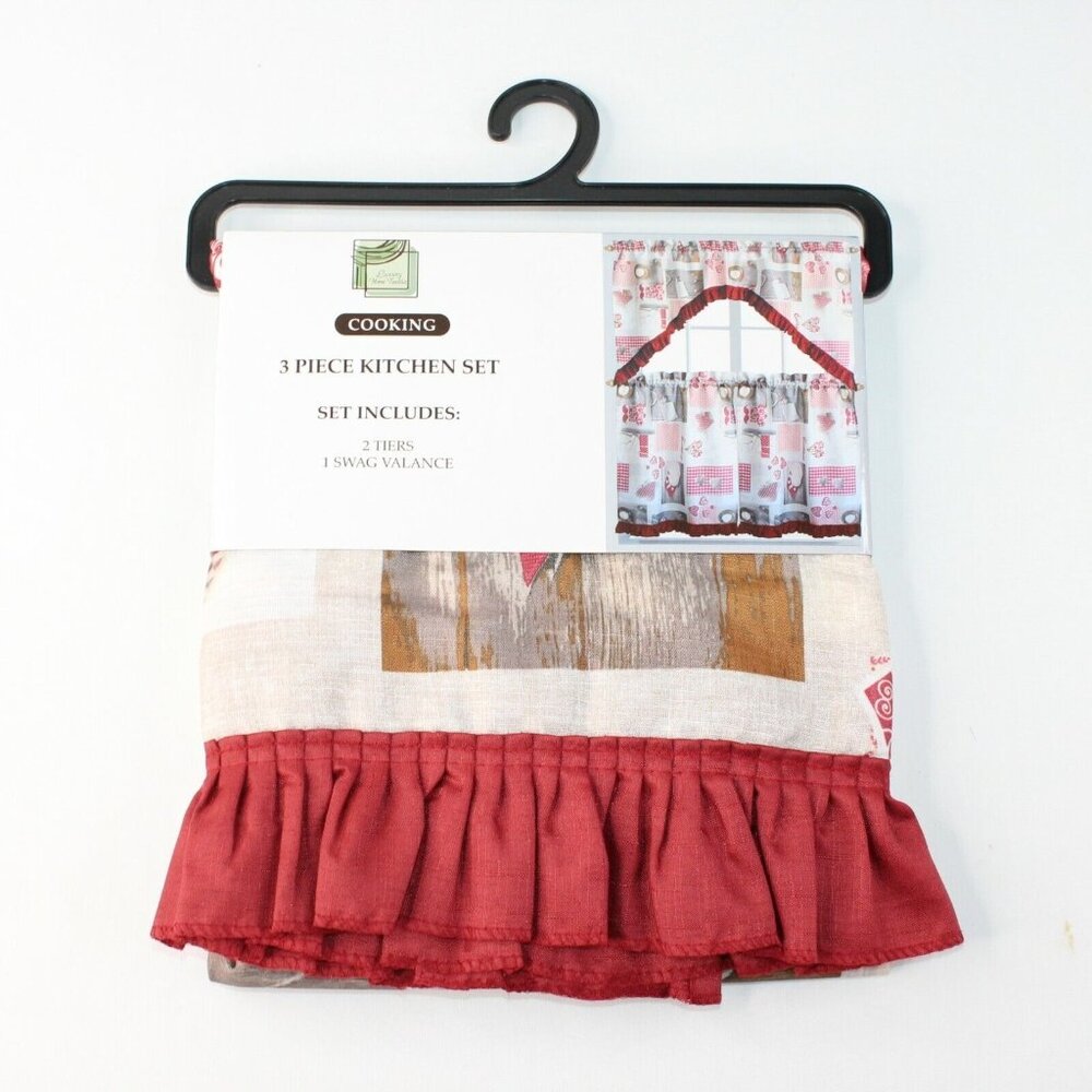 Luxury Home Collection 3 Piece Red I Love Cooking Kitchen Window Curtain Set - Picture 2 of 5